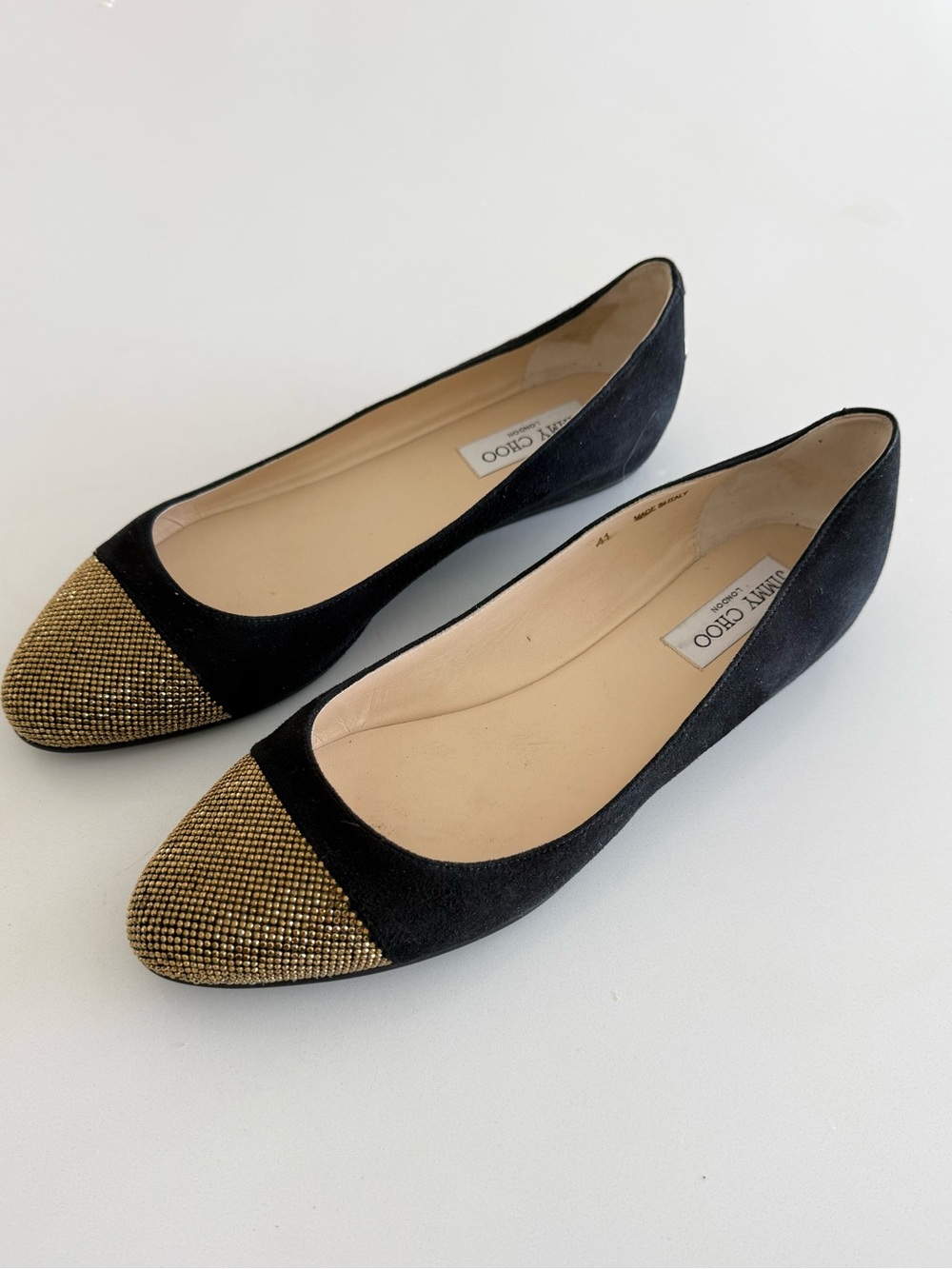 Jimmy Choo Waine Gold Crystal-Toe Suede Leather Ballerina Flat - 41